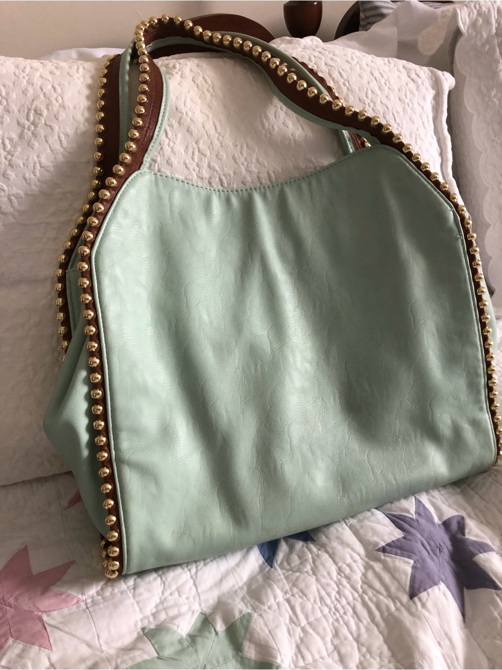 Big Buddha Mint Green Shoulder Bag with Gold Stud Trim